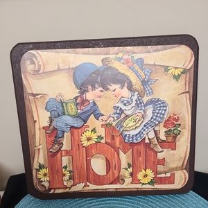 Vintage Homco HOME Picture Boy Girl Farm Country Wood Pressed Particle Board